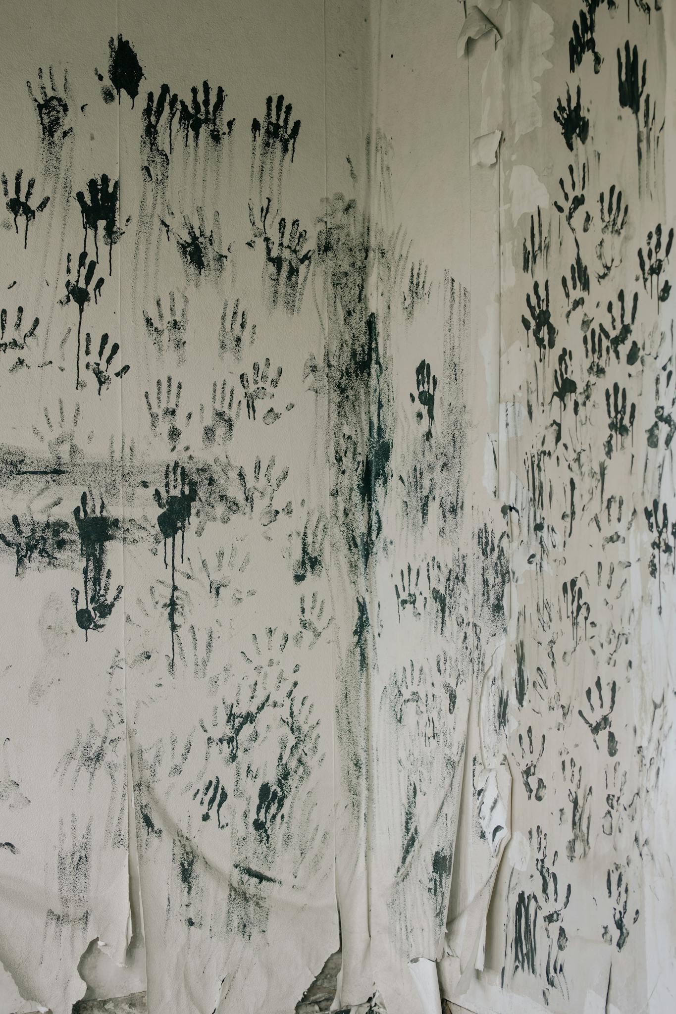 Mystical handprints cover a peeling wall, creating an unsettling and ghostly atmosphere.