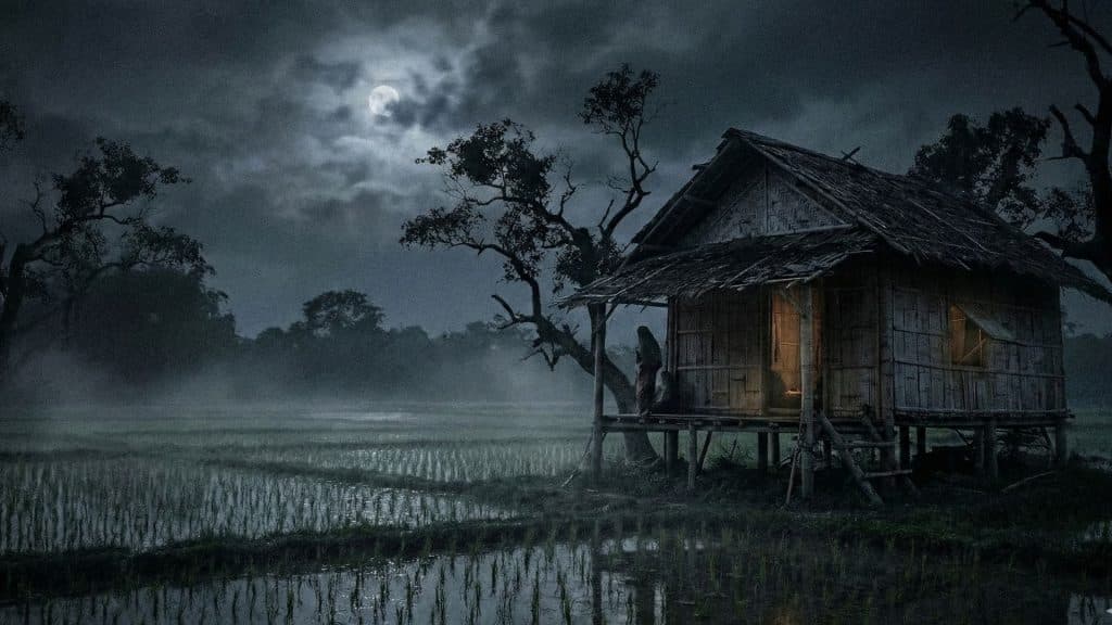 ภาพกระท่อมปลายนาตอนกลางคืน